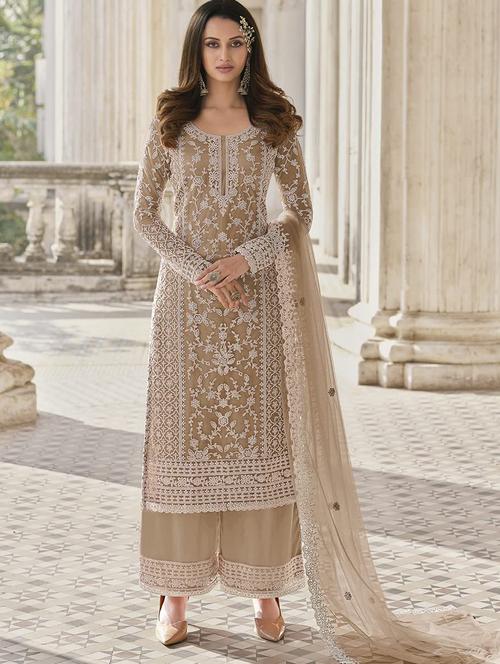 beige embroidered semi-stitched suit set - 20754732 - Standard Image - 0