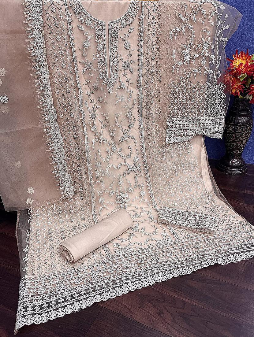 beige embroidered semi-stitched suit set - 20754732 - Standard Image - 3
