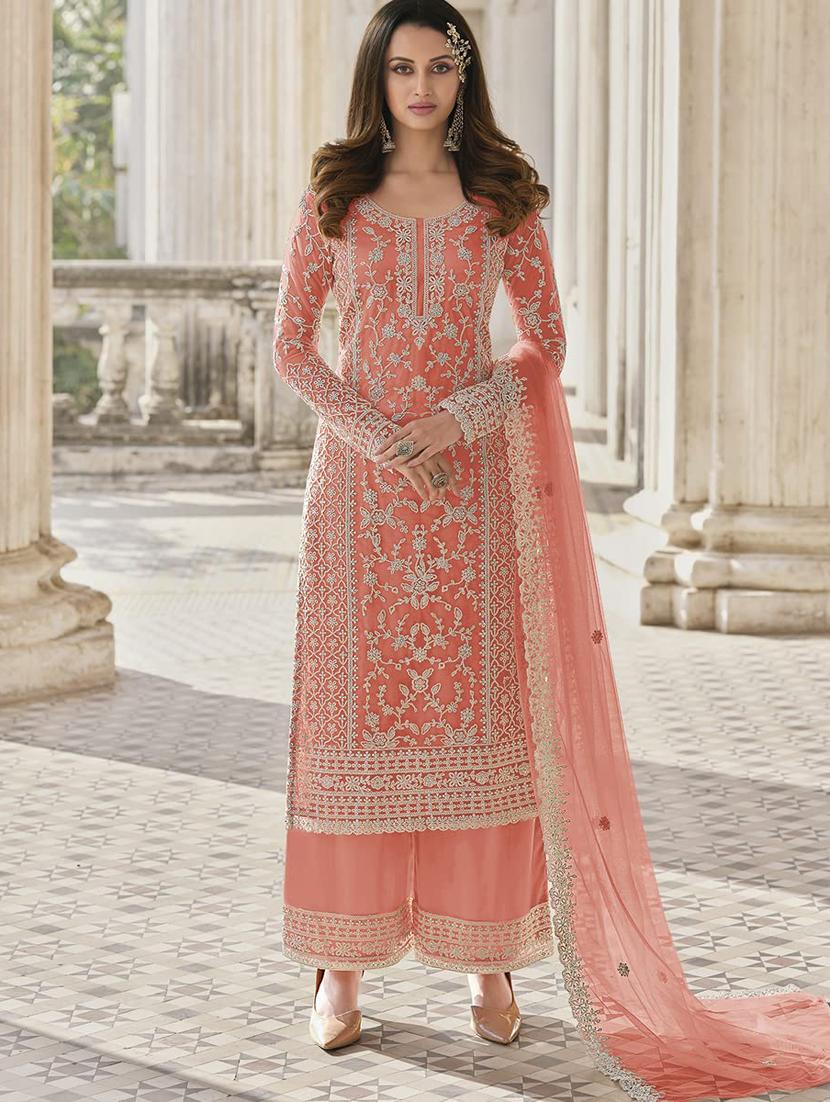 orange embroidered semi-stitched suit set - 20754735 - Zoom Image - 0