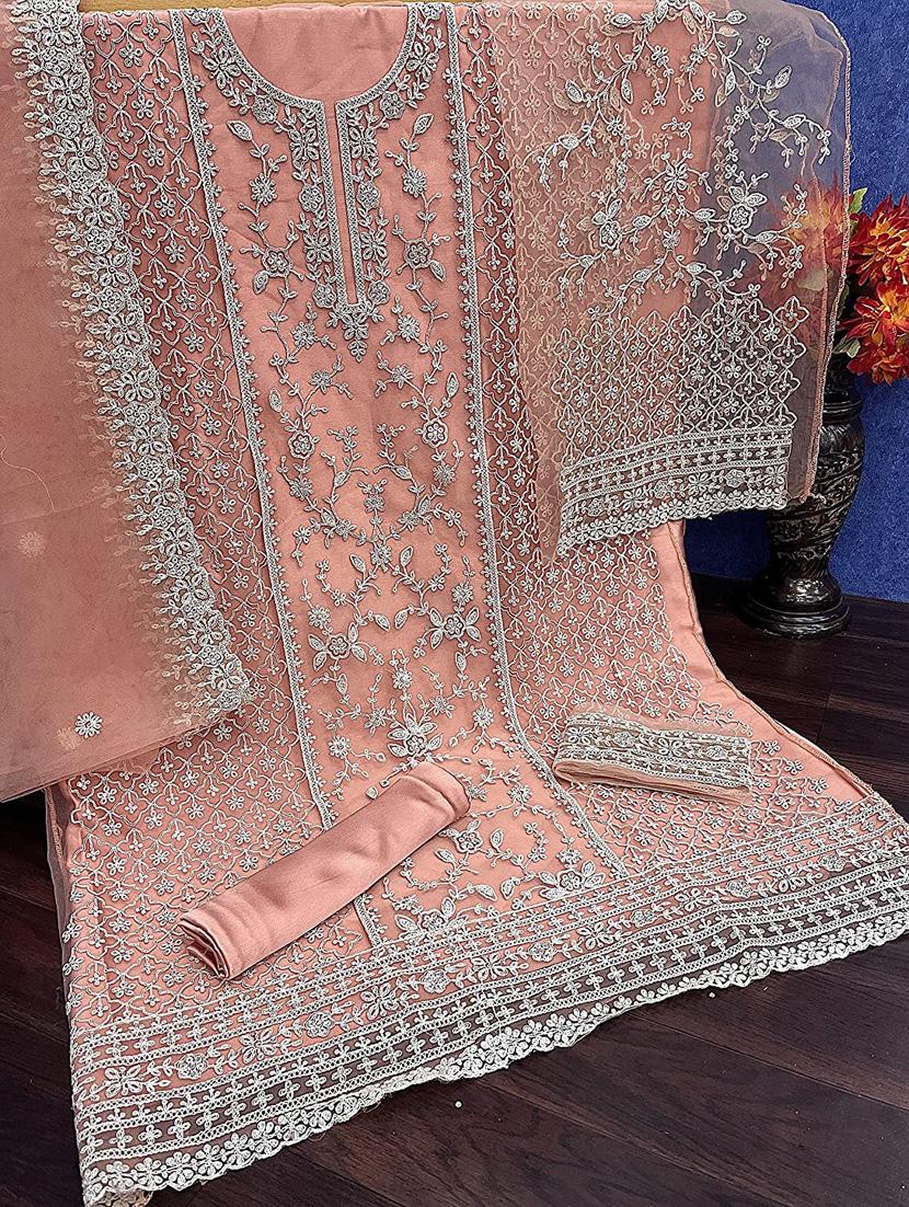 orange embroidered semi-stitched suit set - 20754735 - Standard Image - 3