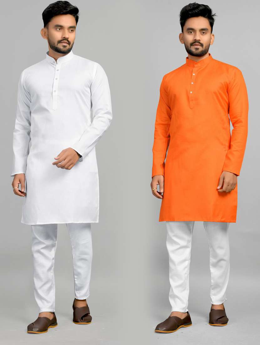 men pack of 2 solid mandarin neck kurta