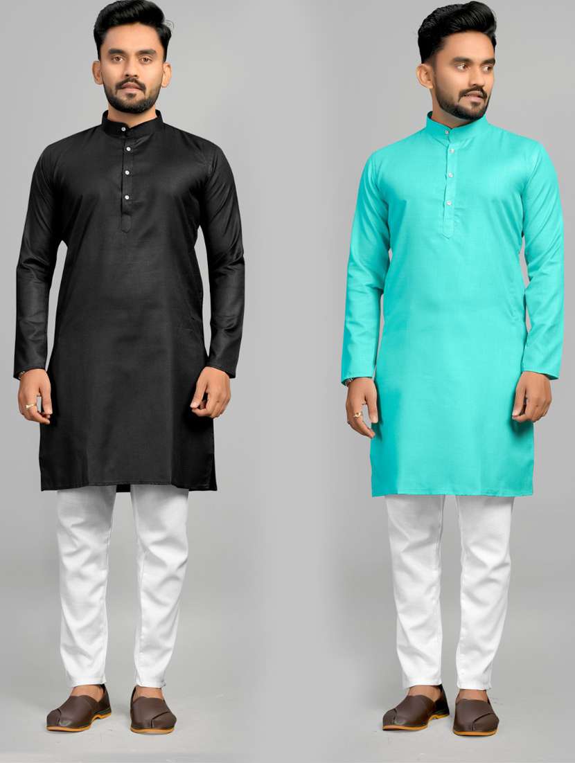 men pack of 2 solid mandarin neck kurta