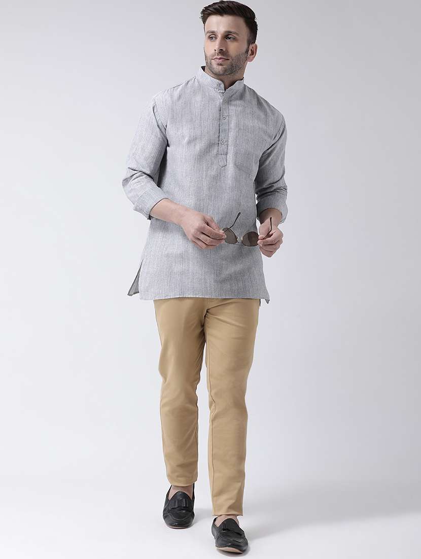grey self design button detailed short kurta - 20754848 -  Standard Image - 3