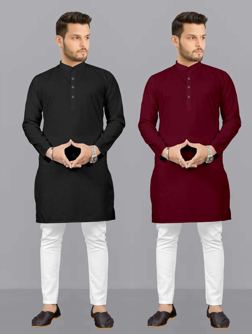 men pack of 2 solid kurta pyjama set