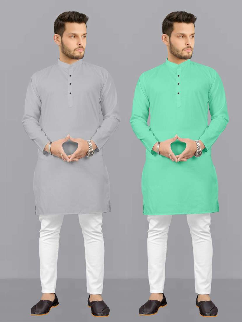men pack of 2 solid kurta pyjama set