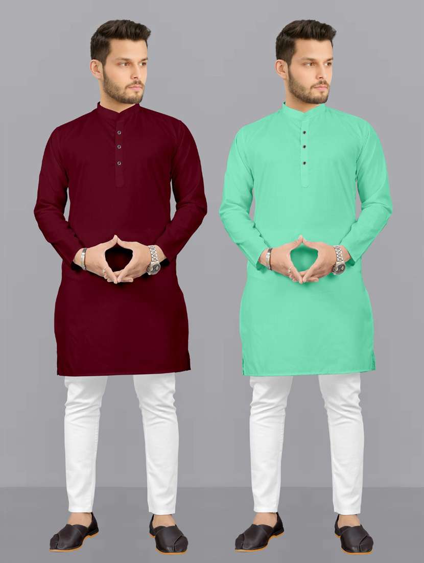 men pack of 2 solid kurta pyjama set