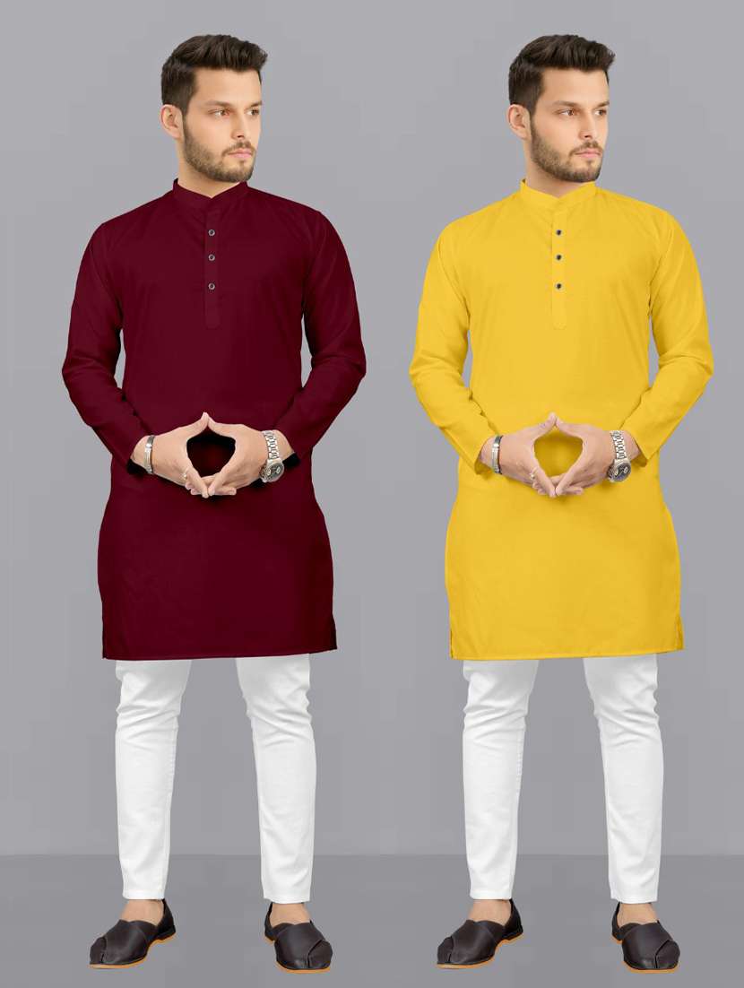 men pack of 2 solid kurta pyjama set