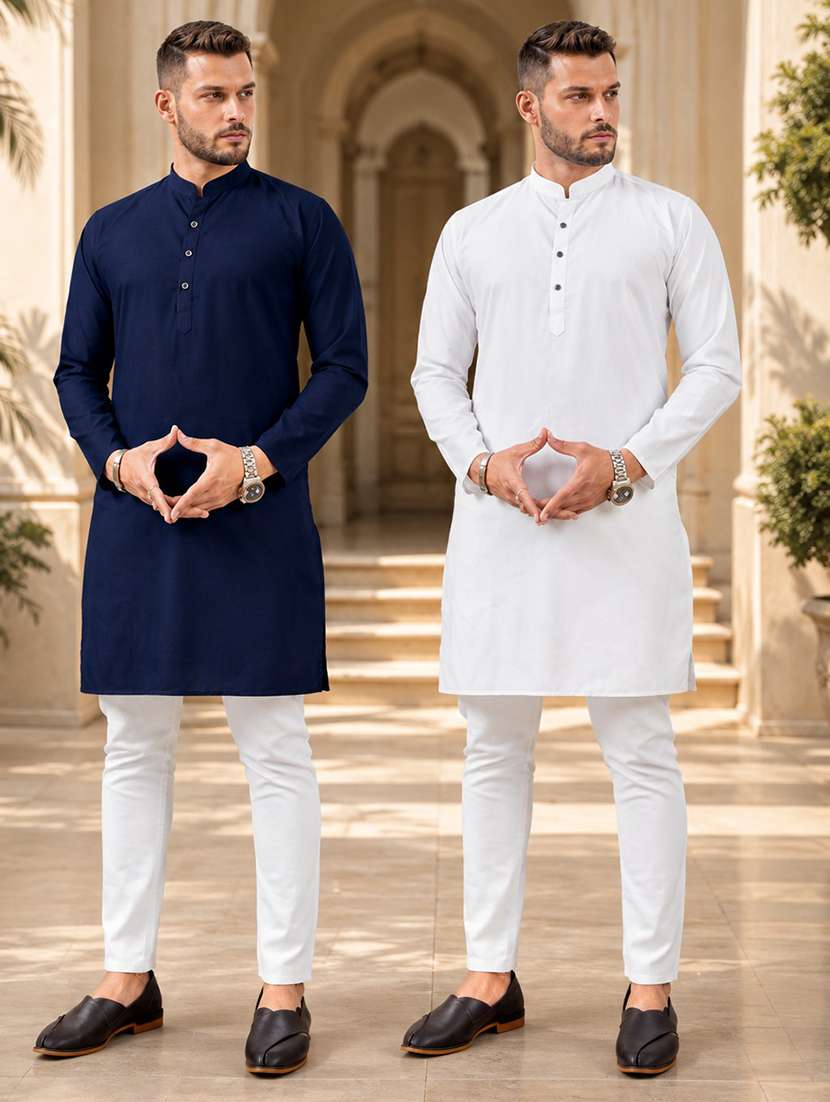 men pack of 2 solid kurta pyjama set