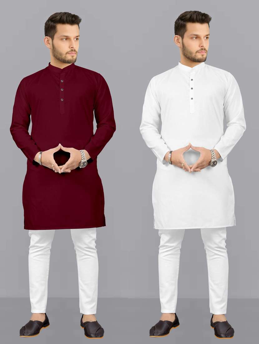 men pack of 2 solid kurta pyjama set