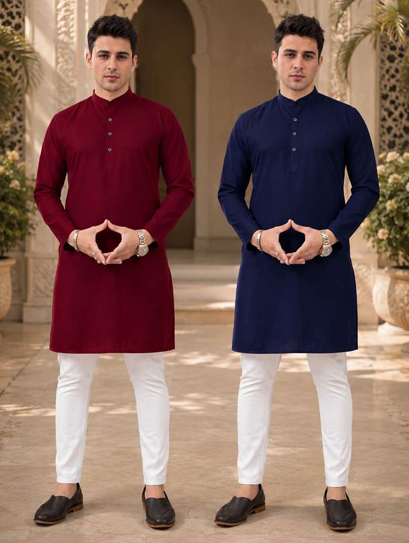men pack of 2 solid kurta pyjama set