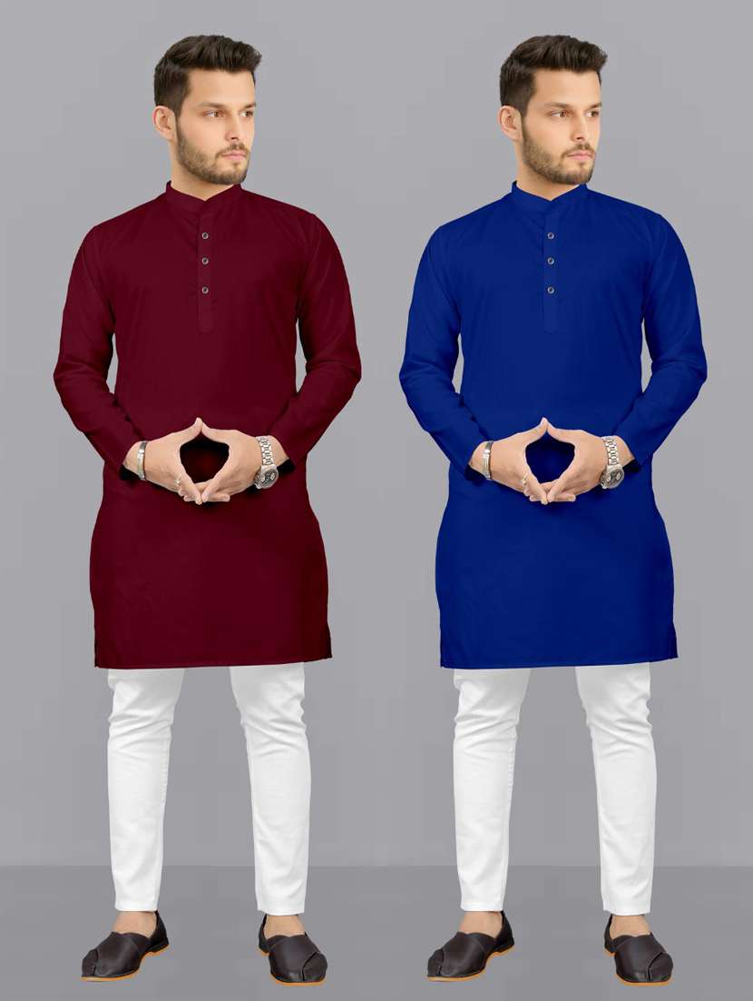 men pack of 2 solid kurta pyjama set