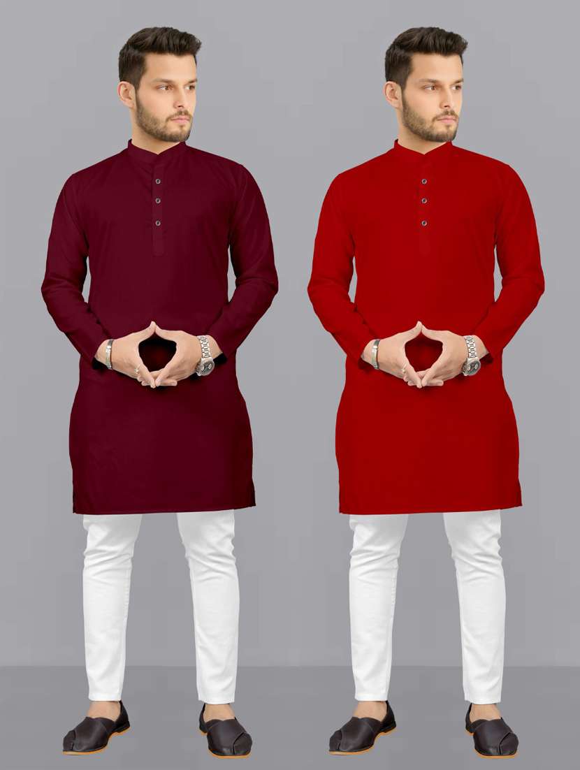 men pack of 2 solid kurta pyjama set