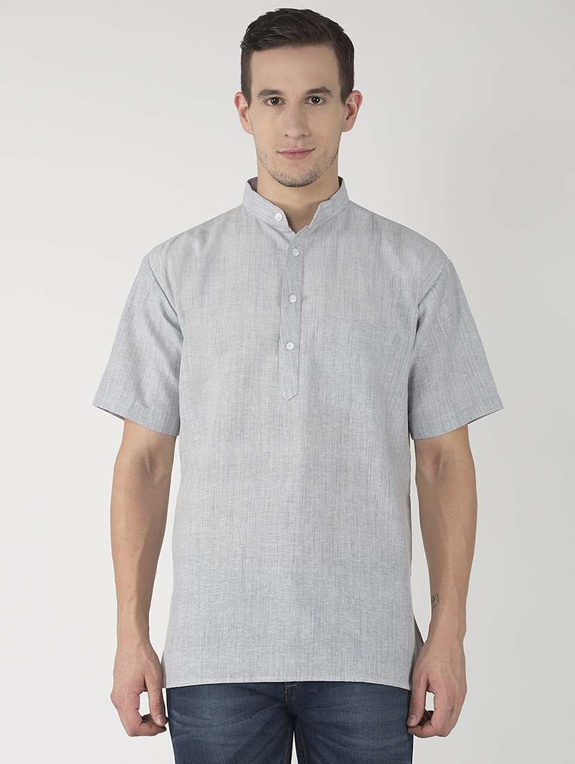 grey self design button detailed short kurta - 20755051 -  Zoom Image - 0