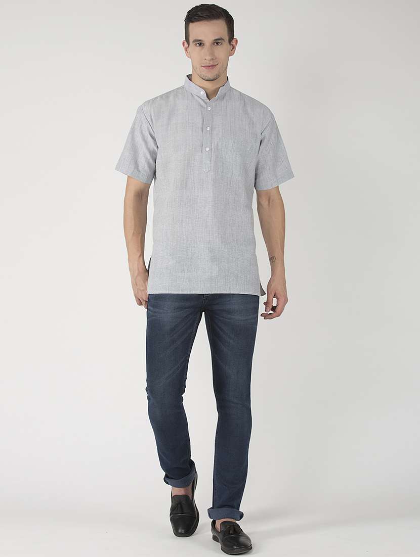 grey self design button detailed short kurta - 20755051 -  Standard Image - 3