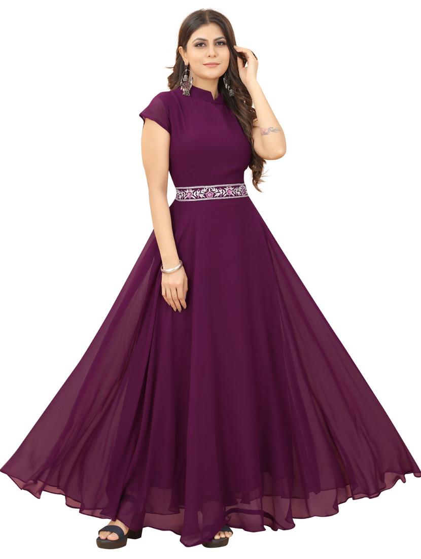 women purple short sleeves flared gown - 20755078 - Zoom Image - 0