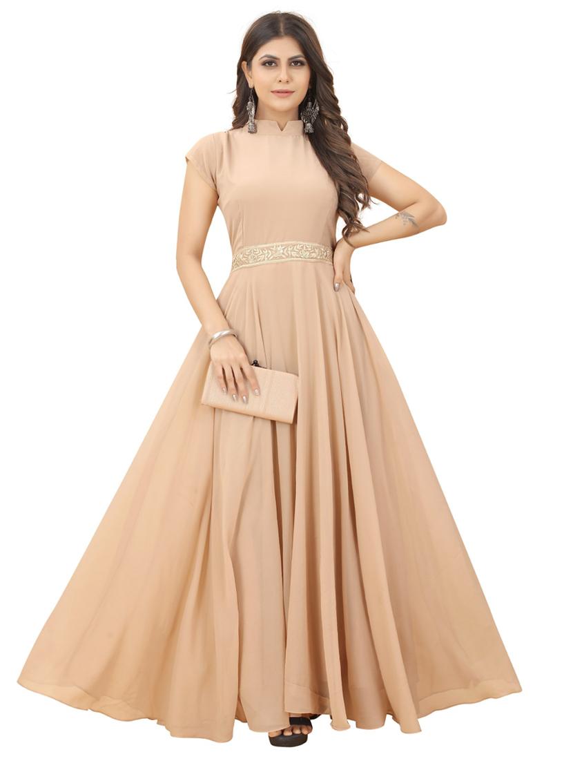 women beige short sleeves flared gown - 20755079 - Zoom Image - 0