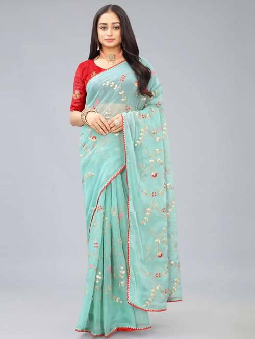 light blue solid with work saree with blouse - 20755103 - Standard Image - 0