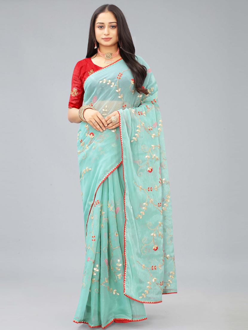 light blue solid with work saree with blouse - 20755103 - Zoom Image - 0