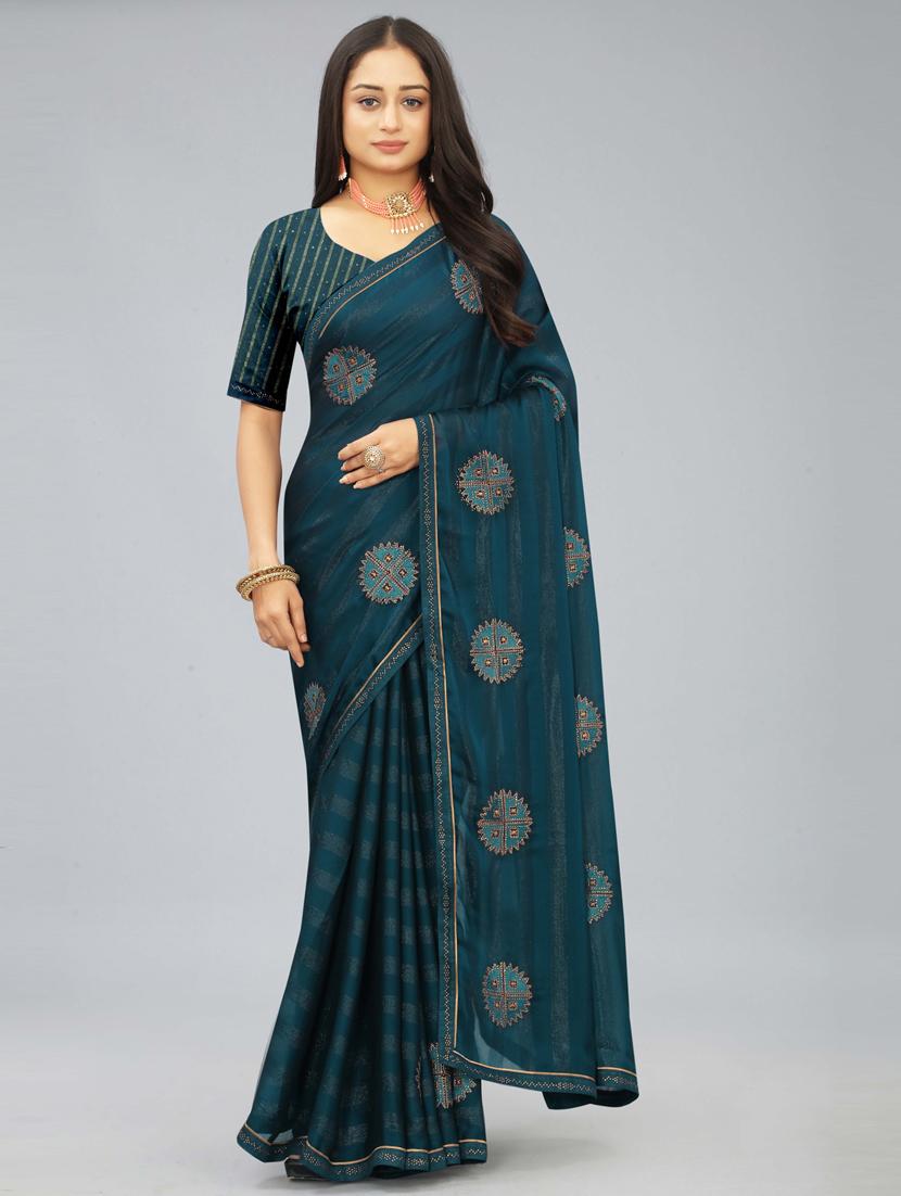 teal chiffon embroidered saree with blouse - 20755117 - Zoom Image - 0