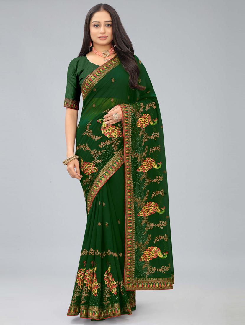 green chiffon embroidered saree with blouse - 20755126 -  Zoom Image - 0