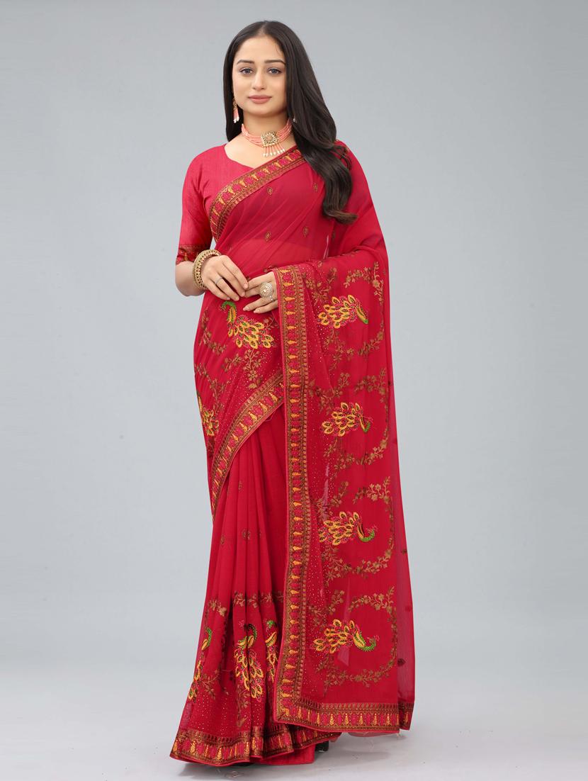red chiffon embroidered saree with blouse - 20755128 - Zoom Image - 0