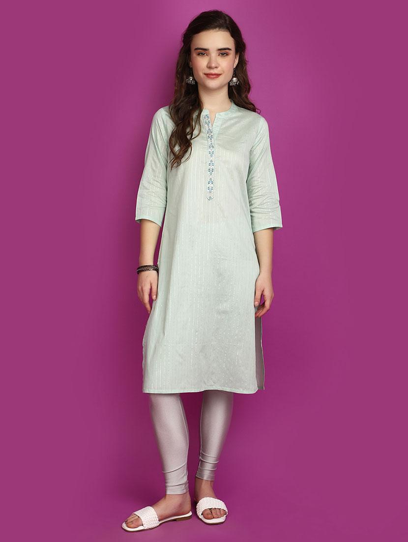 women green mandarin neck straight kurta - 20755487 -  Zoom Image - 0