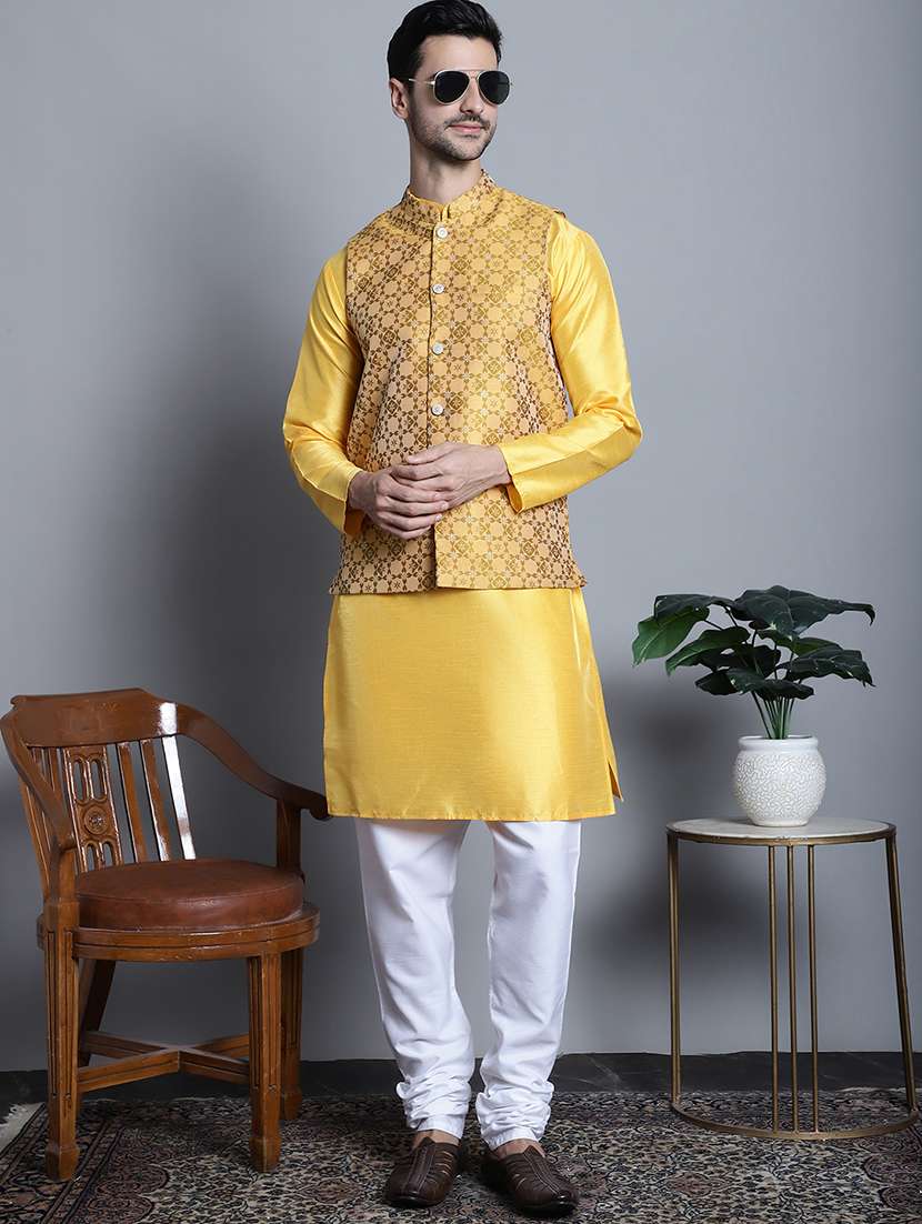 mustard silk blend nehru jacket - 20755511 -  Standard Image - 3