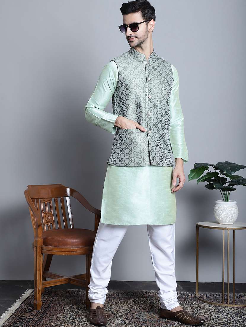 green self design nehru jacket - 20755512 -  Standard Image - 3