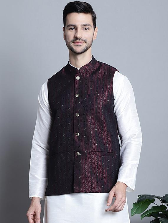 men maroon self-designed nehru jacket - 20755517 - Zoom Image - 0