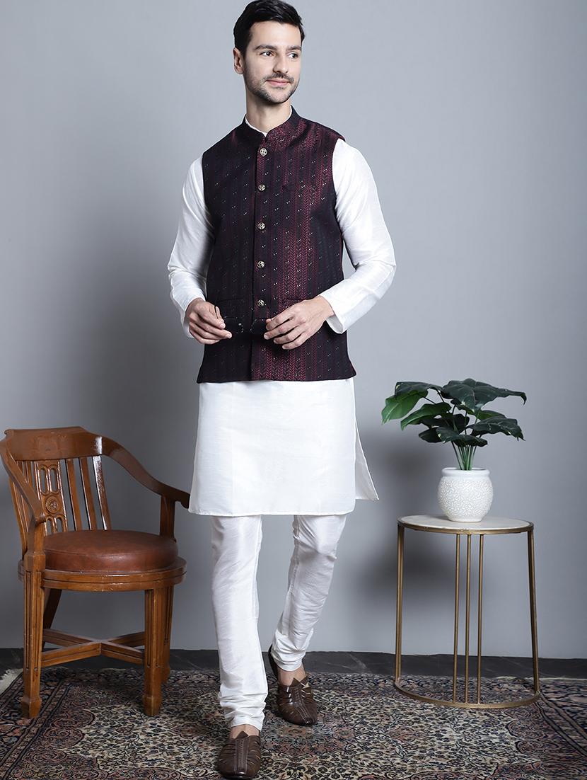 men maroon self-designed nehru jacket - 20755517 - Standard Image - 3
