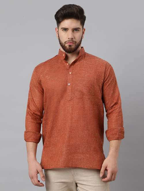 solid brown mandarin collar short kurta - 20755932 - Standard Image - 0