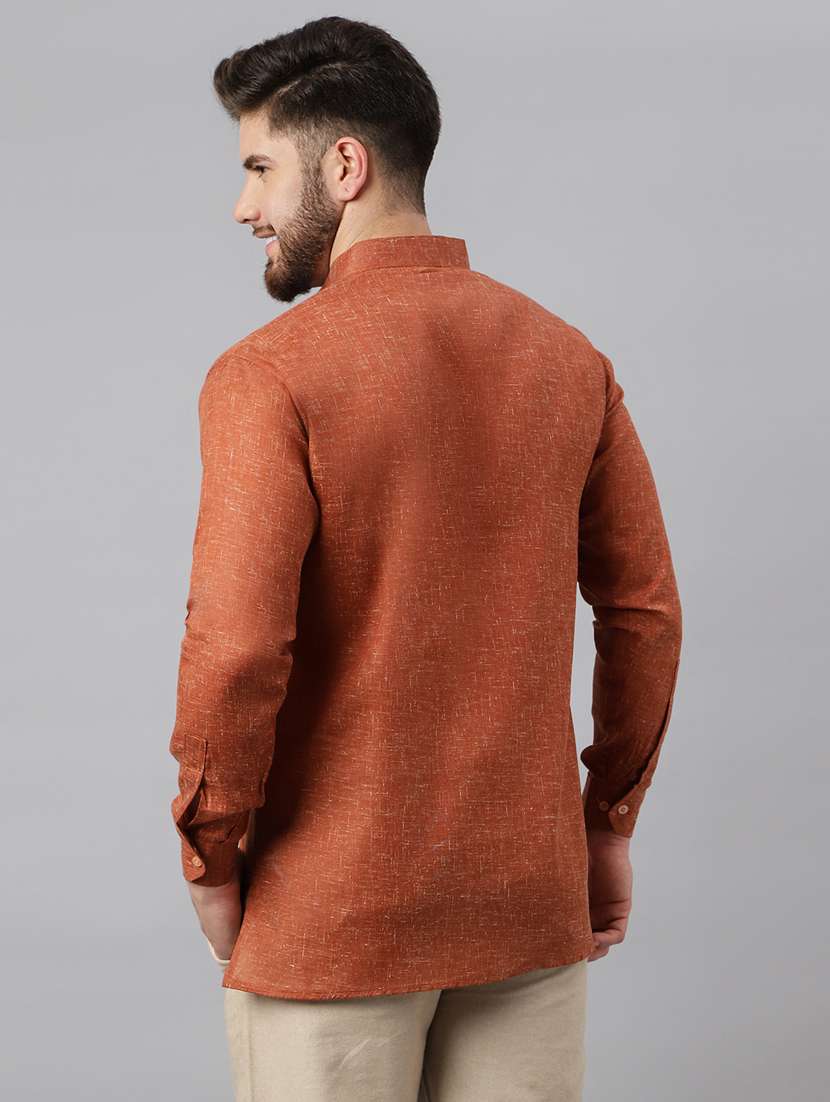 solid brown mandarin collar short kurta - 20755932 - Standard Image - 3