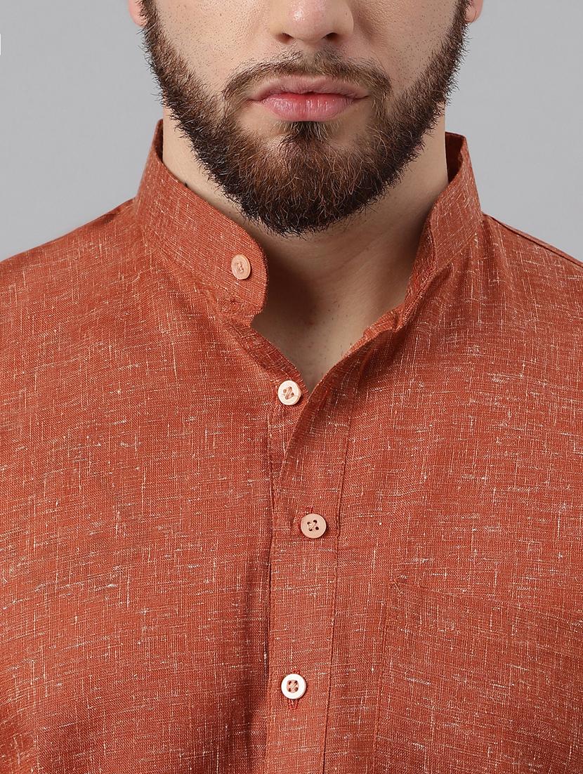 solid brown mandarin collar short kurta - 20755932 - Standard Image - 5
