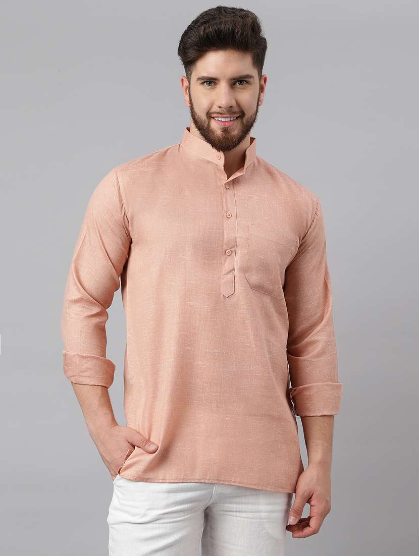 solid orange mandarin collar short kurta - 20755937 - Zoom Image - 0