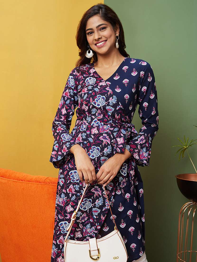 navy blue floral printed a-line kurta - 20755940 -  Standard Image - 3