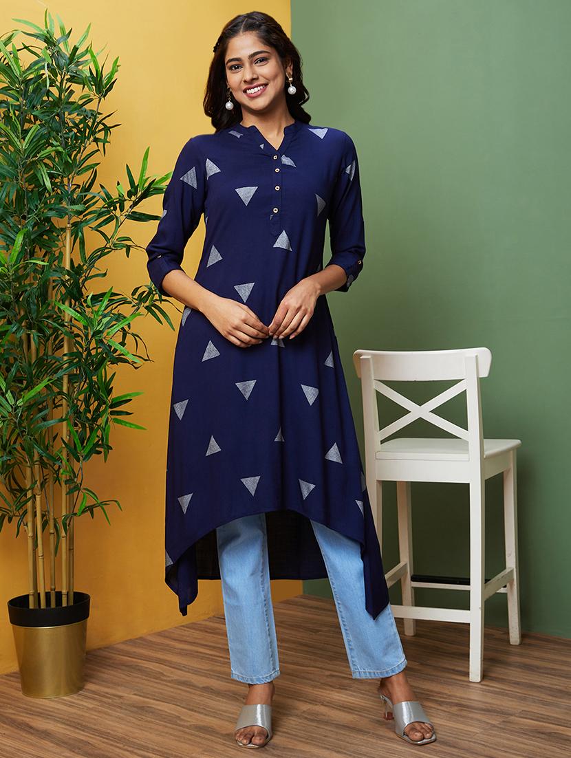 blue geometric printed a-line kurta - 20755946 -  Zoom Image - 0