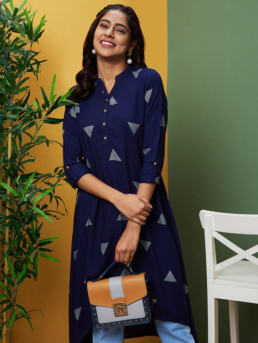 blue geometric printed a-line kurta - 20755946 - Standard Image - 3