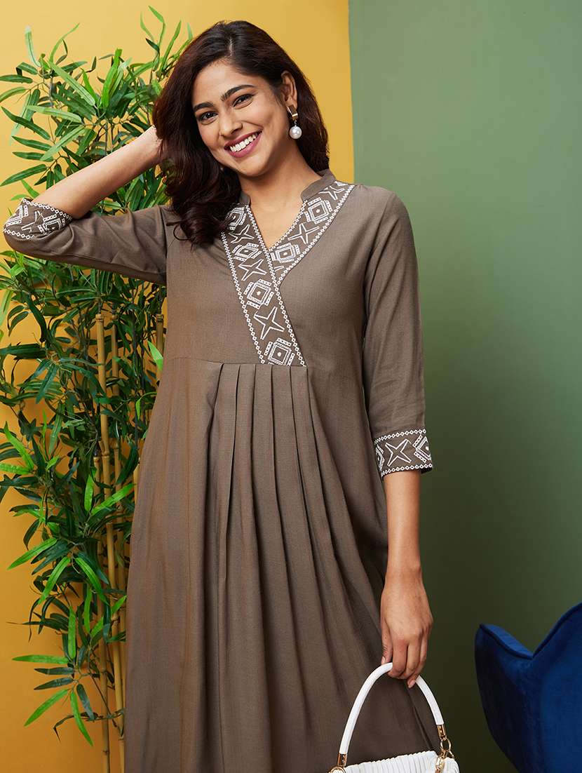 taupe embroidered a-line kurta - 20755949 -  Standard Image - 3