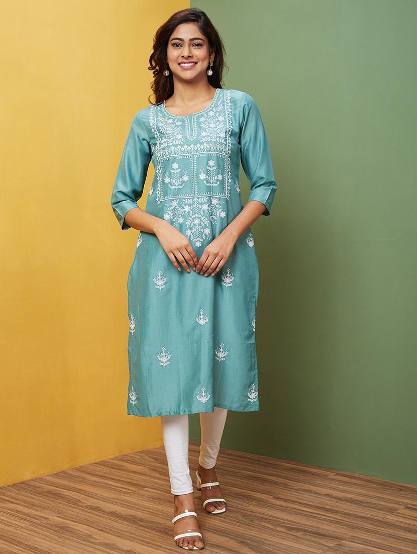light blue embroidered straight kurta - 20755954 - Zoom Image - 0