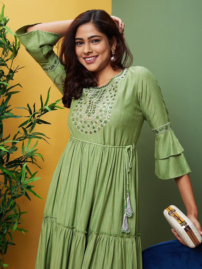 green embroidered tiered kurta - 20755957 - Standard Image - 3