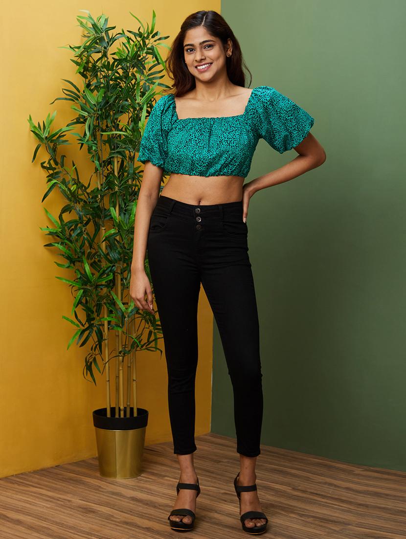 women animal print puff sleeves backless top - 20755968 - Standard Image - 3