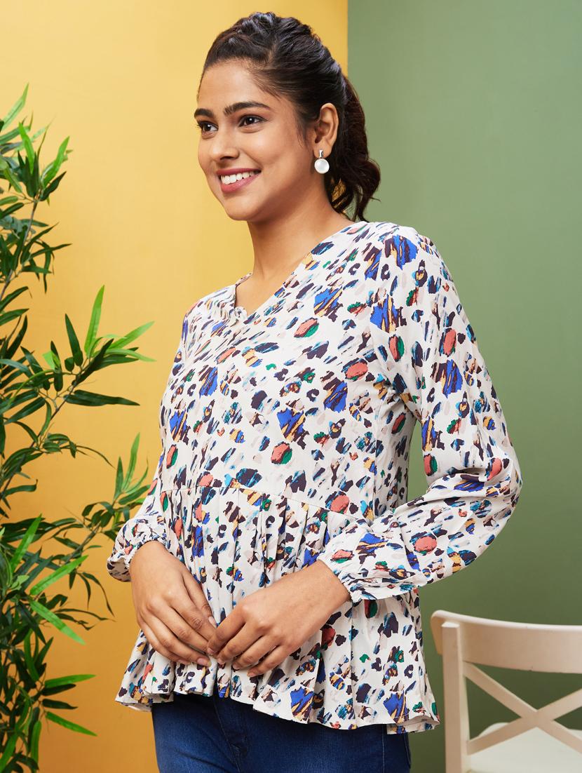 women printed puff sleeves peplum top - 20755985 - Zoom Image - 0