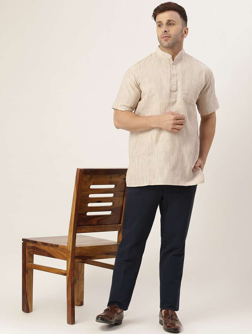 beige self design short kurta - 20756115 - Standard Image - 3