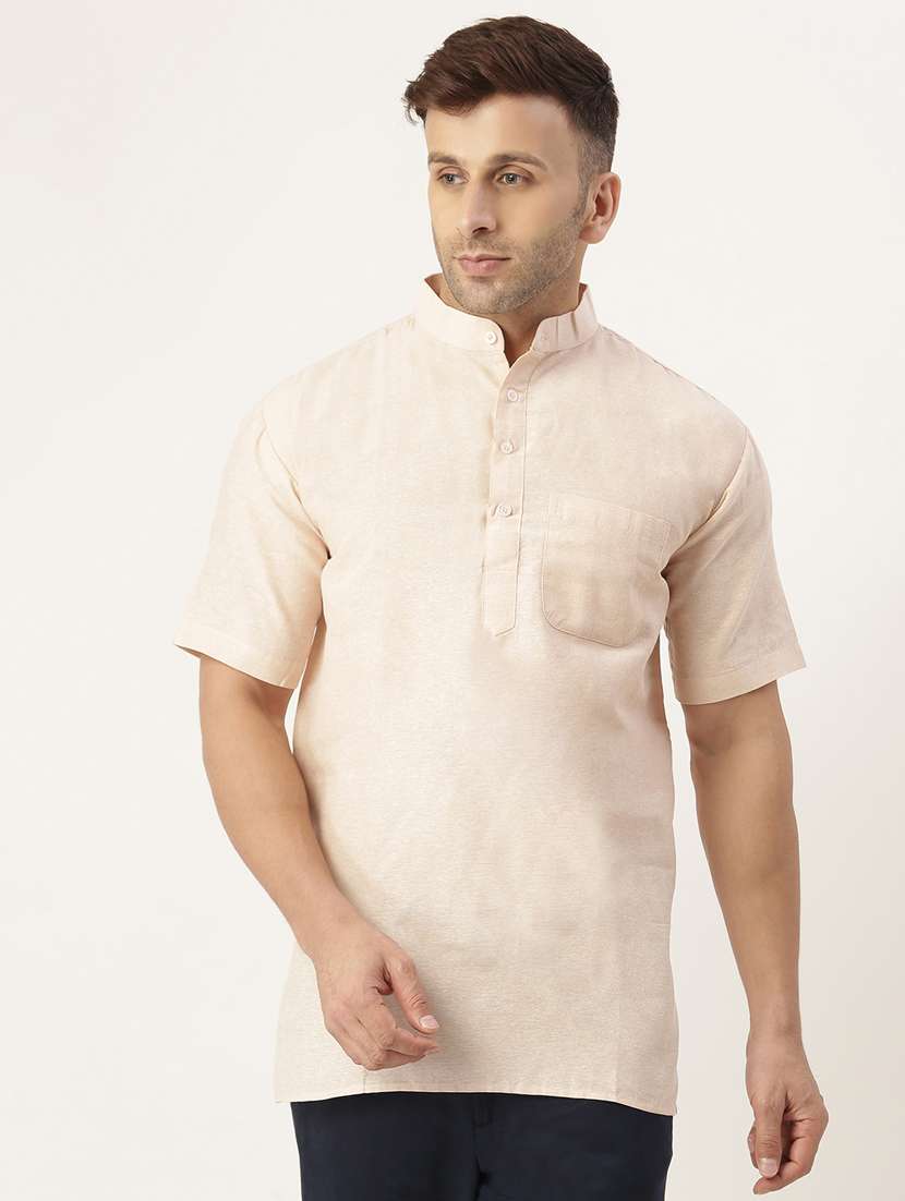 solid beige mandarin collar short kurta - 20756132 - Zoom Image - 0