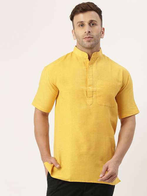 solid yellow mandarin collar short kurta - 20756139 - Standard Image - 0
