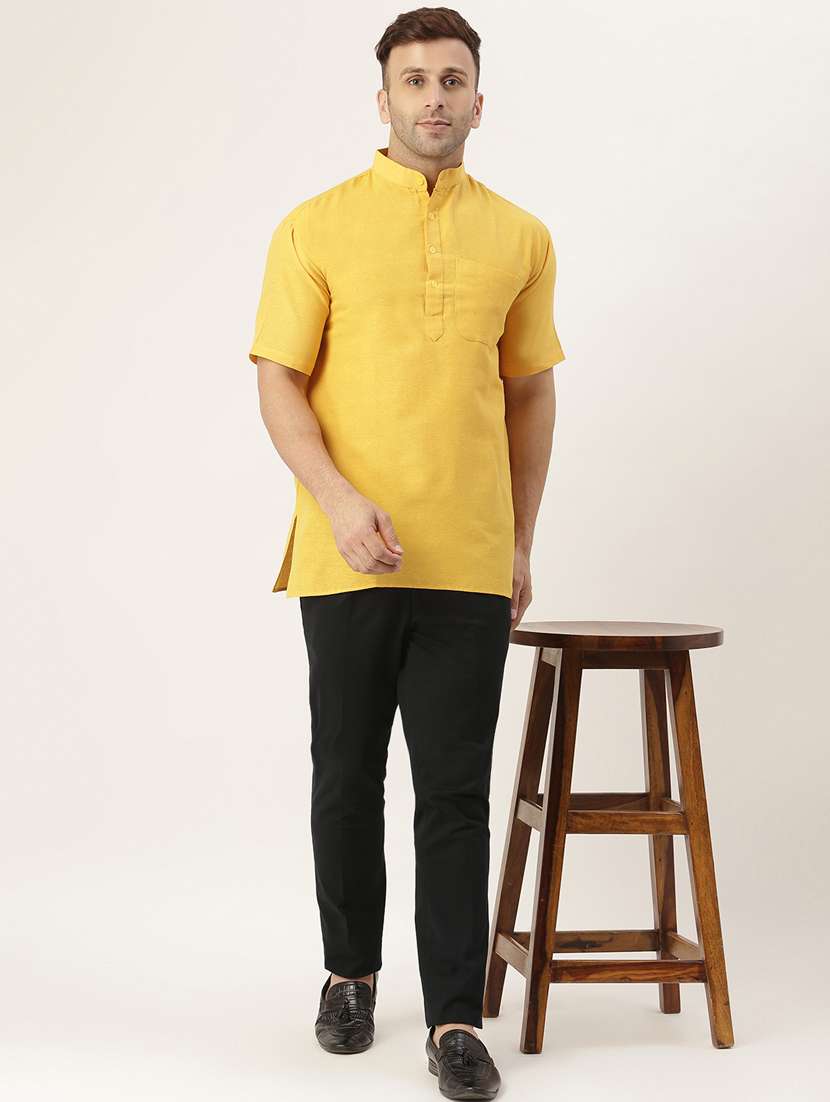 solid yellow mandarin collar short kurta - 20756139 - Standard Image - 3