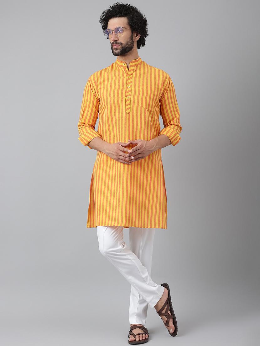 orange & yellow striped kurta pyjama set - 20757265 - Zoom Image - 0