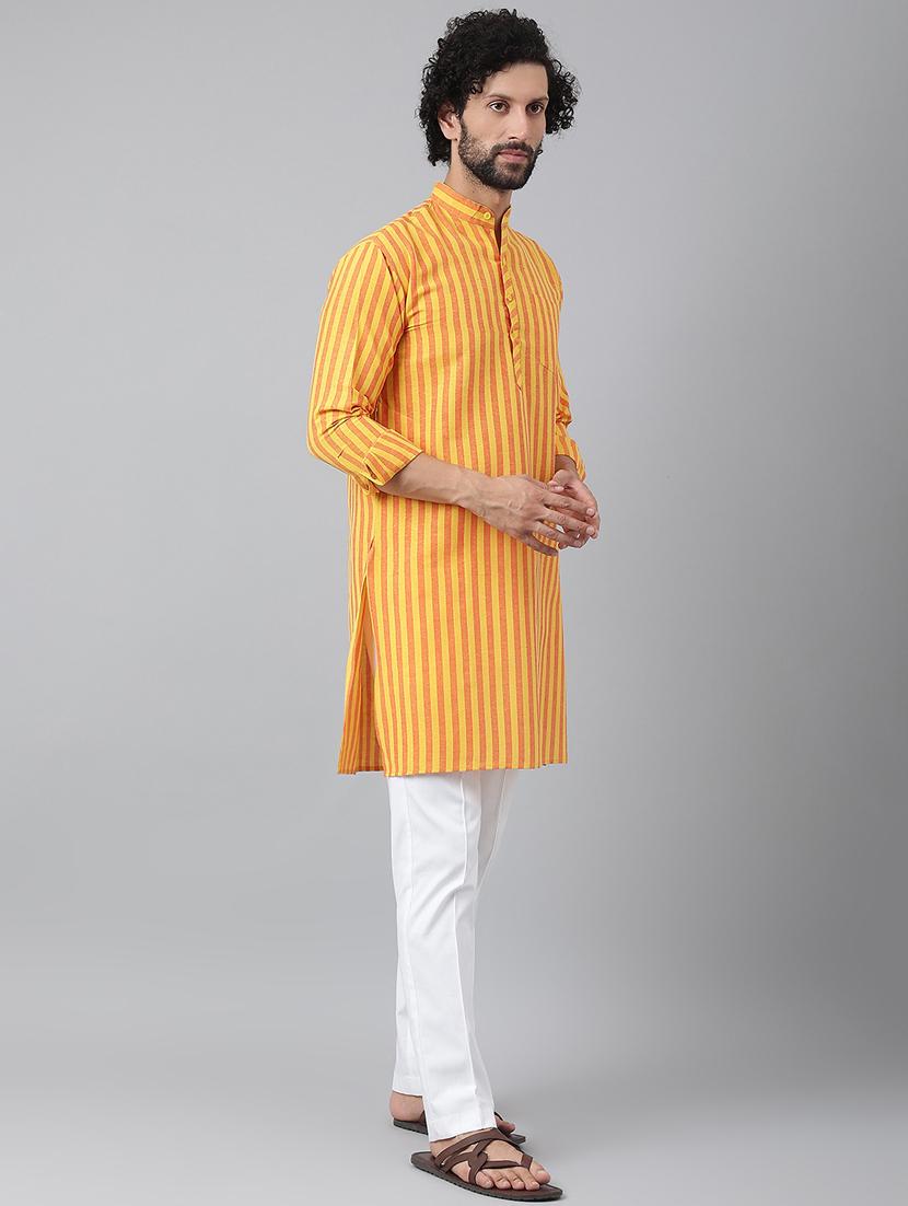 orange & yellow striped kurta pyjama set - 20757265 - Standard Image - 3