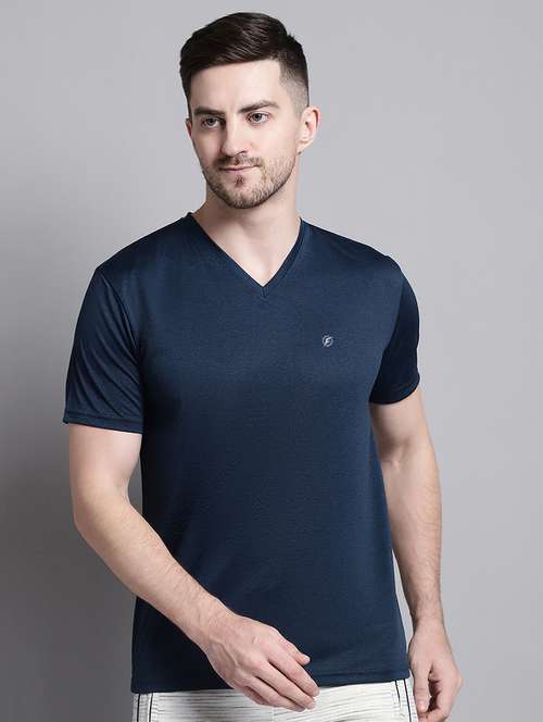 men navy blue slim fit v neck plain t-shirt - 20757343 - Standard Image - 0