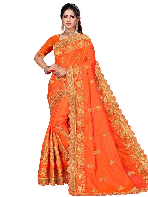 orange silk blend embroidered saree with blouse - 20757364 - Standard Image - 0